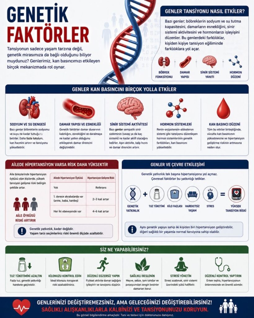 Genetik faktörlerin hipertansiyon üzerindeki etkisini anlatan 4:5 oranlı tıbbi infografik: DNA sarmalı ve aile bireyleri illüstrasyonları eşliğinde genlerin böbrek fonksiyonu, damar yapısı, sinir sistemi ve hormon düzeni üzerinden kan basıncını nasıl etkilediğini gösteren şemalar; aile öyküsünün risk artırıcı rolü ve yaşam tarzı ile genetik yatkınlık etkileşimini açıklayan modern ve eğitici tasarım.