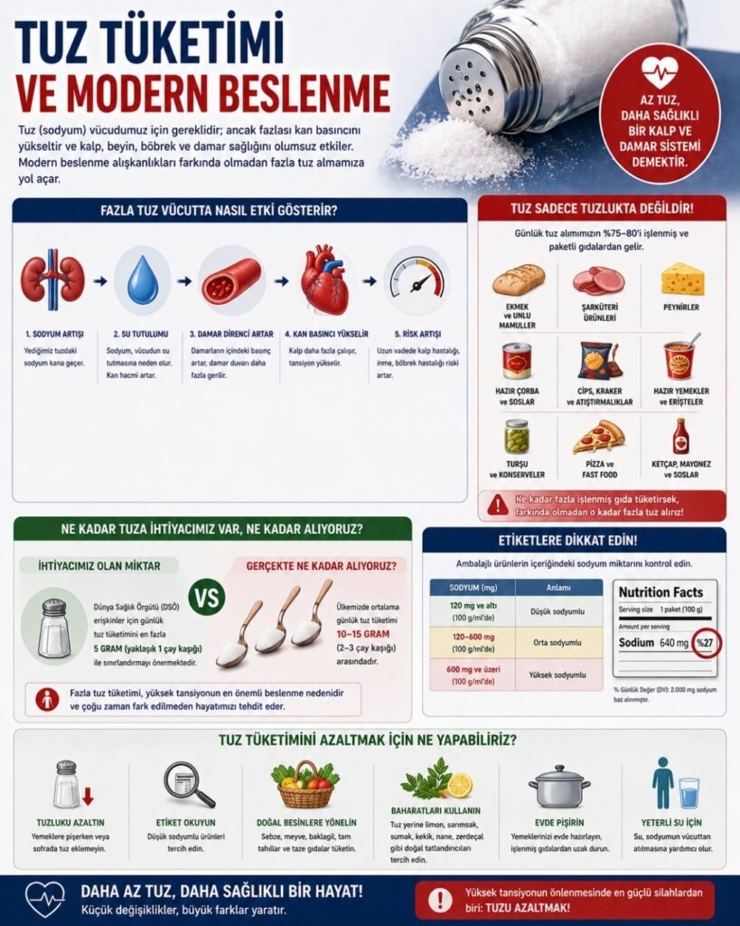 Tuz tüketimi ve modern beslenmenin hipertansiyon üzerindeki etkisini anlatan 4:5 oranlı tıbbi infografik: fazla tuz alımının vücutta su tutulmasına, damar direncinin artmasına ve kan basıncının yükselmesine yol açtığını gösteren şemalar; işlenmiş gıdalar, fast food ve paketli ürünlerdeki gizli tuz kaynaklarını vurgulayan görseller ile günlük tuz ihtiyacı ve azaltma önerilerinin ikonlarla sunulduğu modern ve eğitici tasarım.