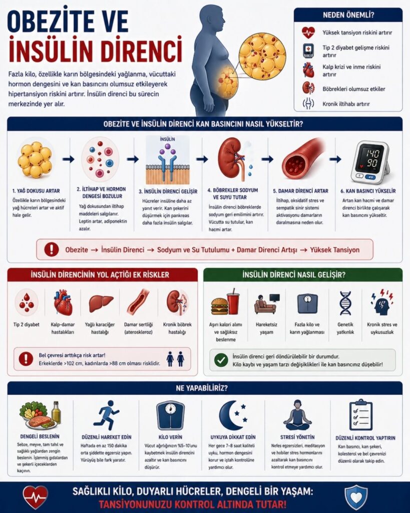 Obezite ve insülin direncinin hipertansiyon üzerindeki etkisini anlatan 4:5 oranlı tıbbi infografik: karın bölgesinde yağlanmayı gösteren insan silüeti ve yağ hücresi illüstrasyonları, insülin direncinin gelişimiyle birlikte böbreklerde sodyum ve su tutulması, damar direncinin artması ve kan basıncının yükselmesini adım adım açıklayan şemalar; ayrıca diyabet, kalp-damar hastalıkları ve yaşam tarzı faktörlerinin ikonlarla sunulduğu modern ve eğitici tasarım.