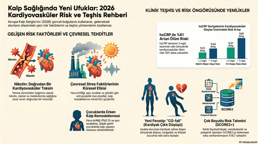 Kalp Sağlığında Ezber Bozan Yeni Gerçekler kapak görseli. Merkezde aydınlatılmış insan kalbi, etrafında veri akışları ve 5 temel konu ikonu: 1- Nikotin ve Kalbe Etkisi (sigara ve uyarı işareti), 2- Şehir Hayatı Stresi (kirli şehir silüeti), 3- Ayağa Kalkma Refleksi (sandalyeden kalkan kişi), 4- Tarama Testleri ve Önemi (büyüteç ve vücut), 5- Hassas Tıp ve CRP (tıbbi tarama cihazı ve veriler).