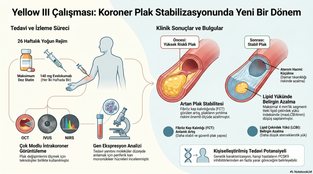 Yellow III klinik çalışması infografiği. Evolokumab ve yüksek doz statin tedavisinin koroner plak stabilizasyonu üzerindeki etkileri; çok modlu intrakoroner görüntüleme, lipid çekirdek yükünde (LCBI) azalma ve fibröz kep kalınlığında (FCT) artış bulgularıyla açıklanmaktadır.