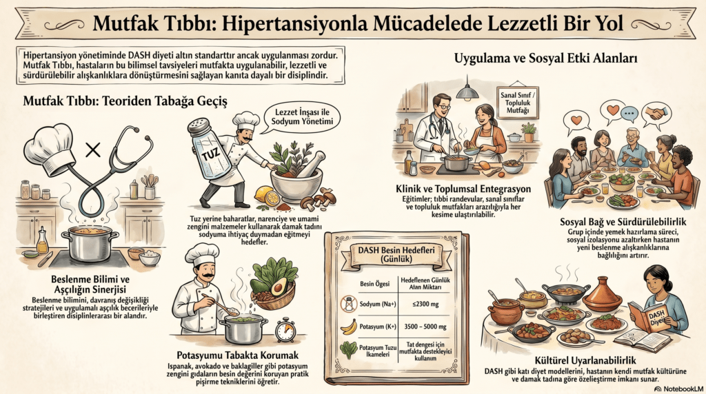 Mutfak Tıbbı: Hipertansiyonla Mücadelede Lezzetli Bir Yol" başlıklı, DASH diyeti prensipleri, sodyum yönetimi, potasyum açısından zengin besinler, klinik entegrasyon, sosyal etkileşim ve beslenme ile aşçılığın sinerjisini açıklayan bilgilendirici infografik görsel.