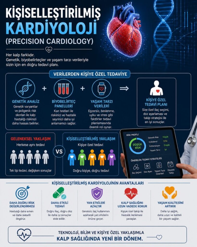 Kişiselleştirilmiş kardiyolojiyi (precision cardiology) anlatan modern bir sağlık infografiği. Koyu mavi ve teknolojik arka plan üzerinde sağ tarafta detaylı anatomik kalp görseli ve DNA sarmalı yer alıyor. Sol bölümde “Kişiselleştirilmiş Kardiyoloji” başlığı altında genetik analiz, biyobelirteç panelleri ve yaşam tarzı verilerinin birleşerek kişiye özel tedavi planı oluşturduğu ikonlarla gösterilmiş. Alt kısımda geleneksel tedavi ile kişiye özel yaklaşım karşılaştırılıyor; kişiselleştirilmiş yaklaşımın daha doğru risk değerlendirmesi, daha etkili tedavi, daha az yan etki ve daha yüksek yaşam kalitesi sağladığı vurgulanıyor.