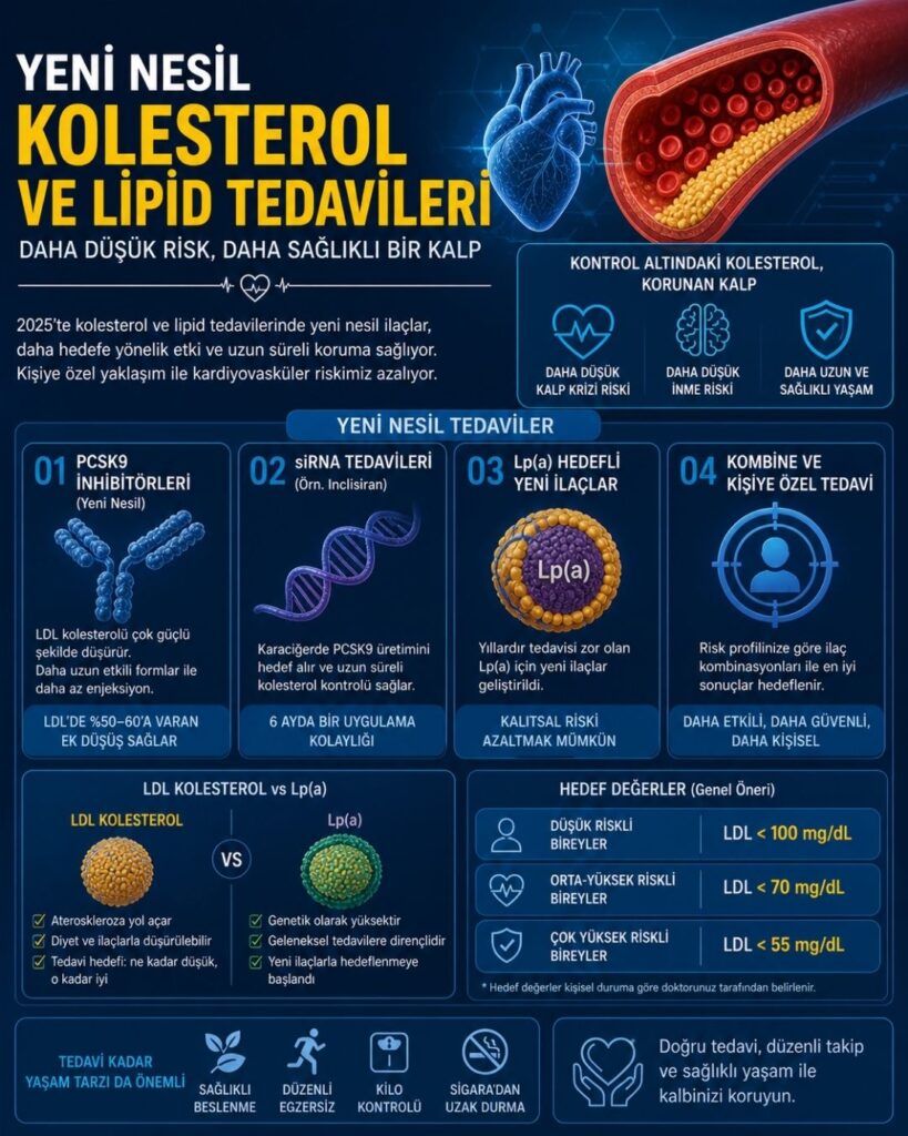 Yeni nesil kolesterol ve lipid tedavilerini anlatan modern bir sağlık infografiği. Koyu mavi arka plan üzerinde ortada anatomik bir kalp ve damar içinde LDL parçacıkları görselleştirilmiş. Sol tarafta PCSK9 inhibitörleri, siRNA tabanlı tedaviler (inclisiran) ve Lp(a) hedefli yeni ilaçlar ikonlarla gösteriliyor. Sağ bölümde bu tedavilerin LDL kolesterolü düşürme, plak oluşumunu azaltma ve kalp krizi riskini azaltma etkileri grafikler ve simgelerle anlatılıyor. Alt kısımda geleneksel tedavilere kıyasla daha uzun etkili ve daha güçlü sonuçlar sağlayan yeni nesil yaklaşımlar vurgulanıyor.