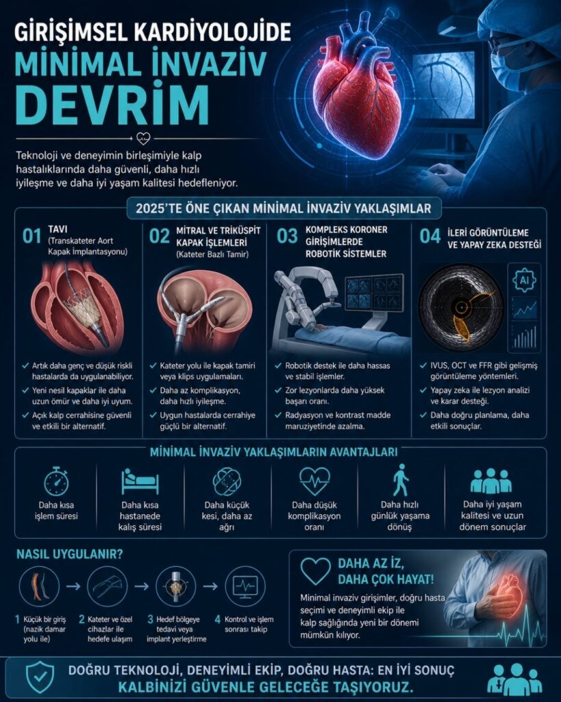 Girişimsel kardiyolojide minimal invaziv tedavileri anlatan modern bir sağlık infografiği. Koyu mavi ve teknolojik arka plan üzerinde ortada damar içinde ilerleyen kateter ve kalp kapakçığına yerleştirilen cihaz (TAVI) görselleştirilmiş. Üst bölümde “Minimal İnvaziv Devrim” başlığı yer alıyor. Sol tarafta TAVI, mitral kapak tamiri ve robotik girişimler ikonlarla gösterilirken, sağ tarafta küçük kesiler, daha hızlı iyileşme ve düşük komplikasyon riskini simgeleyen grafik ve semboller bulunuyor. Genel tasarımda cerrahiye alternatif olan kateter bazlı yöntemlerin hasta konforunu artırdığı vurgulanıyor.
