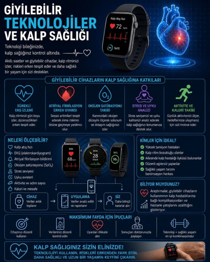 Giyilebilir teknolojilerin kalp sağlığı üzerindeki etkisini anlatan modern bir sağlık infografiği. Koyu mavi ve teknolojik arka plan üzerinde akıllı saat ve bileklik cihazları öne çıkarılmış; ekranlarında kalp atım hızı, EKG dalgaları ve oksijen satürasyonu gibi veriler yer alıyor. Üst bölümde “Giyilebilir Teknolojiler ve Kalp Sağlığı” başlığı bulunuyor. Alt kısımda sürekli EKG takibi, atriyal fibrilasyon erken uyarısı ve günlük aktivite izleme ikonlarla gösterilmiş. Sağ tarafta ise bu teknolojilerin erken tanı, sürekli takip ve bireysel sağlık yönetimine katkıları grafik ve sembollerle vurgulanıyor.