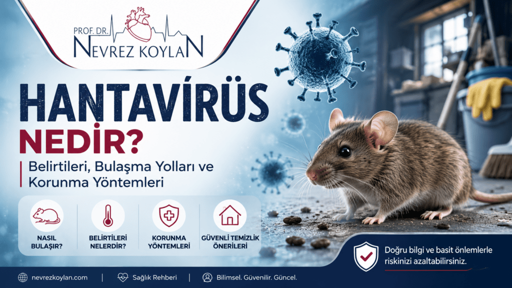“Hantavirüs Nedir?” başlıklı 16:9 oranlı tıbbi bilgilendirme görseli. Sol üstte Prof. Dr. Nevrez Koylan logosu yer alıyor. Görselin merkezinde büyük puntolarla “Hantavirüs Nedir?” yazısı bulunuyor. Sağ tarafta zeminde duran gerçekçi bir fare görseli ve etrafında mavi tonlarda virüs partikülleri görülüyor. Arka planda temizlik ekipmanlarının bulunduğu loş bir depo ortamı dikkat çekiyor. Alt bölümde hantavirüsün bulaşma yolları, belirtileri, korunma yöntemleri ve güvenli temizlik önerilerini temsil eden minimalist ikonlar bulunuyor. Koyu mavi, beyaz ve bordo renk paleti kullanılan görsel, bilimsel ve modern bir sağlık rehberi tasarımı sunuyor.