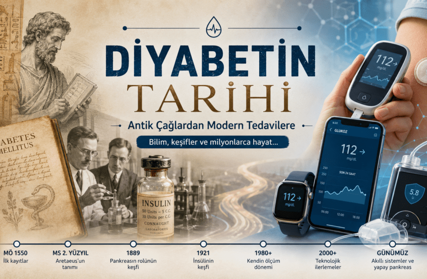 “Diyabetin Tarihi” başlıklı kapak görselinde antik Mısır papirüsleri, eski dönem hekim çizimleri ve insülinin keşfini temsil eden tarihi laboratuvar sahneleri ile modern glukoz ölçüm cihazları, insülin pompası ve dijital sağlık teknolojileri yan yana gösteriliyor. Görsel, diyabetin antik çağlardan günümüz yapay pankreas sistemlerine uzanan bilimsel gelişimini zaman çizelgesi eşliğinde anlatıyor.