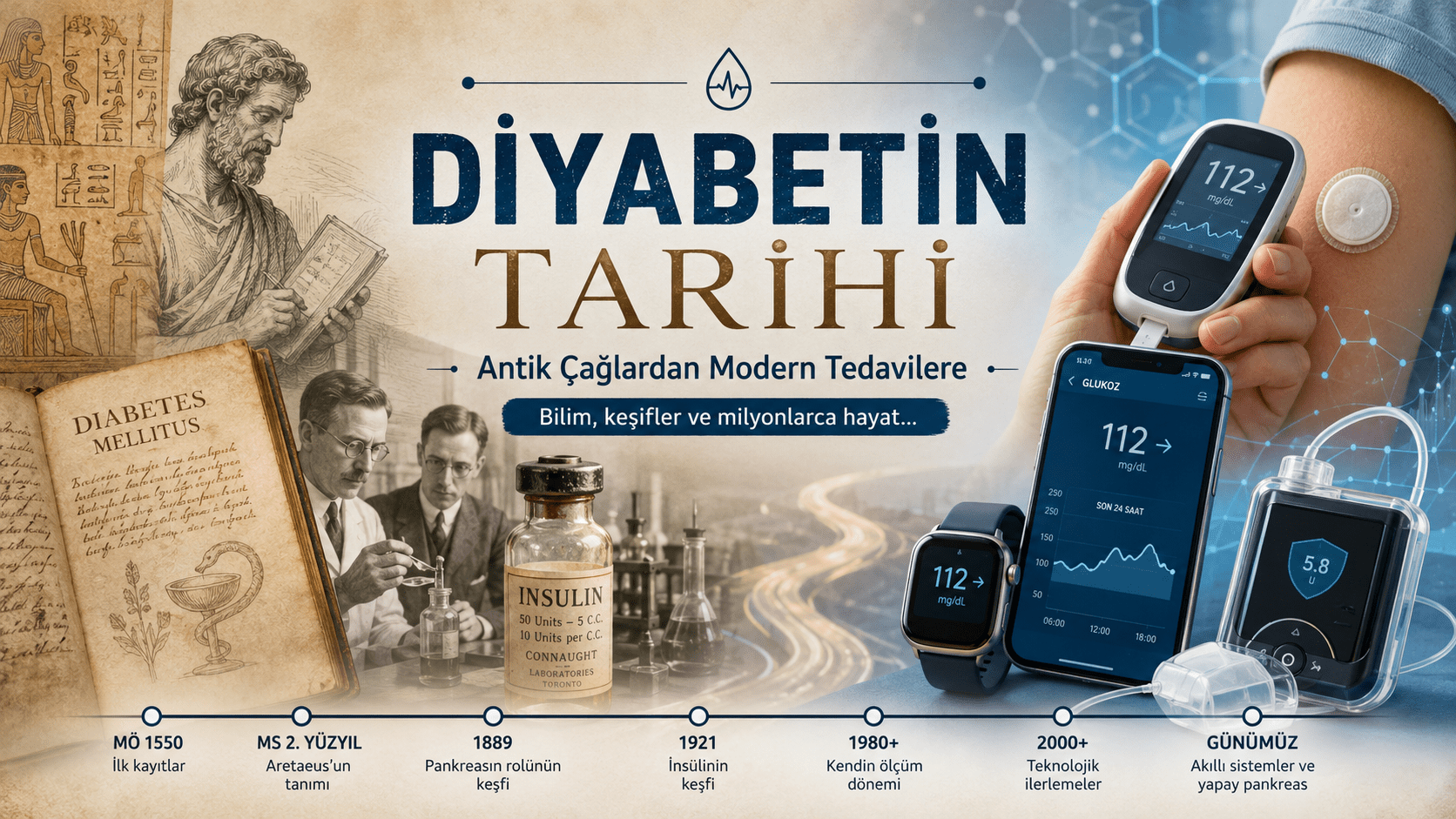 “Diyabetin Tarihi” başlıklı kapak görselinde antik Mısır papirüsleri, eski dönem hekim çizimleri ve insülinin keşfini temsil eden tarihi laboratuvar sahneleri ile modern glukoz ölçüm cihazları, insülin pompası ve dijital sağlık teknolojileri yan yana gösteriliyor. Görsel, diyabetin antik çağlardan günümüz yapay pankreas sistemlerine uzanan bilimsel gelişimini zaman çizelgesi eşliğinde anlatıyor.