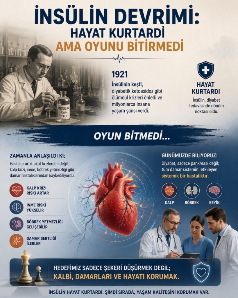 1921’de insülinin keşfini ve modern diyabet yönetiminin dönüşümünü anlatan 4:5 oranlı medikal infografik. Görselin üst bölümünde vintage tarzda bir laboratuvarda çalışan bilim insanı ve “İnsülin Devrimi: Hayat Kurtardı Ama Oyunu Bitirmedi” başlığı yer alıyor. İnsülinin diyabetik ketoasidoz gibi ölümcül krizleri önlediğini vurgulayan tarihsel bilgi kutuları bulunuyor. Alt bölümde ise büyük anatomik kalp illüstrasyonu, damar sistemi ve multidisipliner sağlık ekibi görselleriyle diyabetin yalnızca pankreası değil kalp, böbrek ve damar sistemini etkileyen sistemik bir hastalık olduğu anlatılıyor. Kalp krizi, inme, böbrek yetmezliği ve damar sertliği risklerini temsil eden ikonlar yer alırken satranç taşı metaforu diyabet yönetimindeki stratejik yaklaşımı simgeliyor. Görsel mavi, beyaz ve kırmızı tonlarında modern tıbbi infografik tasarımına sahip.
