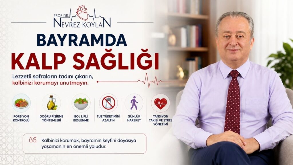 Sağ tarafta oturan ve gülümseyen bir doktor portresi, sol tarafta ise ‘Bayramda kalp sağlığı’ başlığı ve porsiyon kontrolü, sağlıklı pişirme, lifli beslenme, tuz azaltma ve hareket gibi önerileri simgeleyen ikonlarla hazırlanmış, bayramda kalp sağlığını korumaya yönelik bilgilendirici kapak görseli.