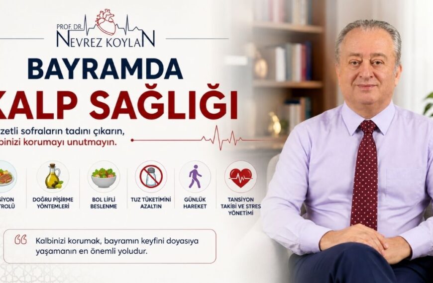 Sağ tarafta oturan ve gülümseyen bir doktor portresi, sol tarafta ise ‘Bayramda kalp sağlığı’ başlığı ve porsiyon kontrolü, sağlıklı pişirme, lifli beslenme, tuz azaltma ve hareket gibi önerileri simgeleyen ikonlarla hazırlanmış, bayramda kalp sağlığını korumaya yönelik bilgilendirici kapak görseli.