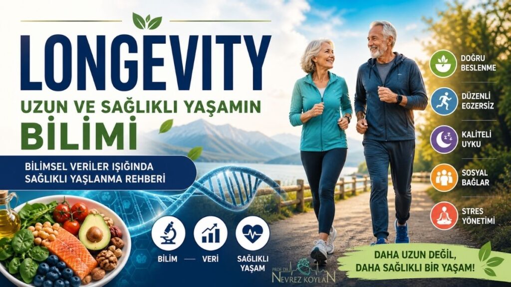 Doğa içinde yürüyüş yapan sağlıklı yaşlı çift, yanında DNA görseli ve Akdeniz tipi besinler ile longevity kavramını anlatan “Uzun ve Sağlıklı Yaşamın Bilimi” başlıklı kapak görseli; egzersiz, beslenme, uyku ve sosyal yaşam ikonları içerir.