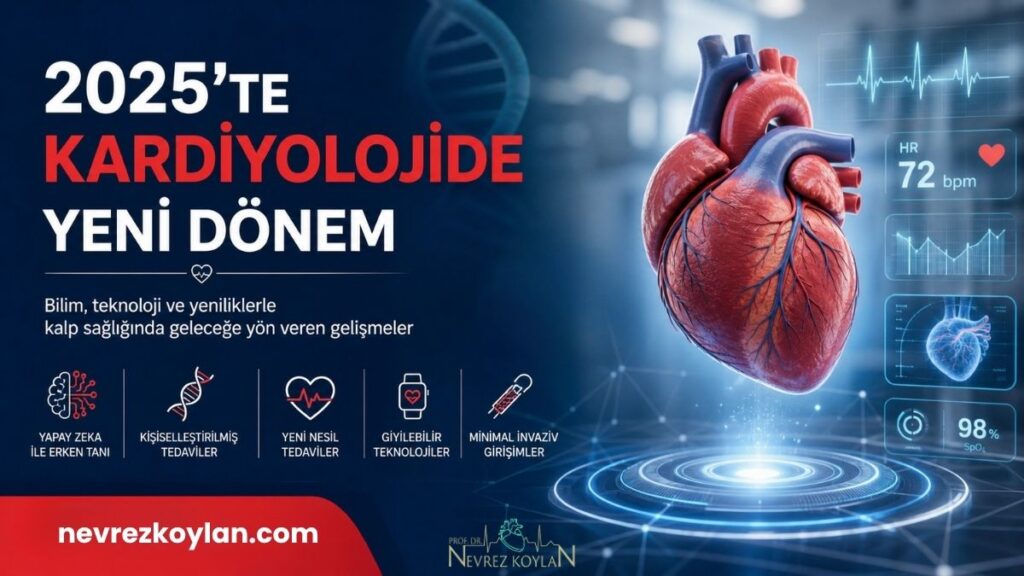 2025 yılında kardiyoloji alanındaki yenilikleri anlatan, koyu mavi teknolojik arka plan üzerinde tasarlanmış modern bir infografik poster. Sağ tarafta detaylı 3D anatomik kalp modeli ve etrafında EKG dalgaları, kalp atım hızı (HR 72 bpm) ve oksijen satürasyonu (%98) gibi dijital sağlık verileri yer alıyor. Sol tarafta “2025’te Kardiyolojide Yeni Dönem” başlığı altında yapay zekâ ile erken tanı, kişiselleştirilmiş tedaviler, yeni nesil ilaçlar, giyilebilir teknolojiler ve minimal invaziv girişimler ikonlarla birlikte listelenmiş. Alt bölümde sağlıklı yaşam önerileri (beslenme, egzersiz, uyku, stres yönetimi) simgelerle vurgulanıyor.