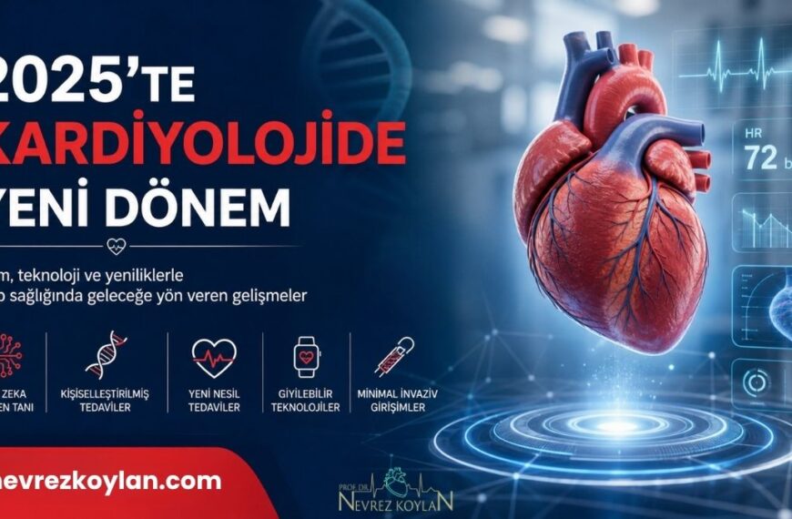 2025 yılında kardiyoloji alanındaki yenilikleri anlatan, koyu mavi teknolojik arka plan üzerinde tasarlanmış modern bir infografik poster. Sağ tarafta detaylı 3D anatomik kalp modeli ve etrafında EKG dalgaları, kalp atım hızı (HR 72 bpm) ve oksijen satürasyonu (%98) gibi dijital sağlık verileri yer alıyor. Sol tarafta “2025’te Kardiyolojide Yeni Dönem” başlığı altında yapay zekâ ile erken tanı, kişiselleştirilmiş tedaviler, yeni nesil ilaçlar, giyilebilir teknolojiler ve minimal invaziv girişimler ikonlarla birlikte listelenmiş. Alt bölümde sağlıklı yaşam önerileri (beslenme, egzersiz, uyku, stres yönetimi) simgelerle vurgulanıyor.