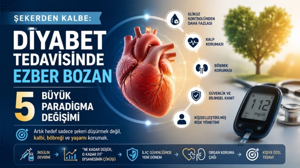 Diyabet tedavisindeki modern dönüşümü anlatan 16:9 oranlı medikal infografik kapak görseli. Görselin sol tarafında büyük puntolarla “Şekerden Kalbe: Diyabet Tedavisinde Ezber Bozan 5 Büyük Paradigma Değişimi” başlığı yer alıyor. Ortada anatomik insan kalbi illüstrasyonu bulunurken çevresinde glikoz kontrolü, kalp koruması, böbrek koruması, bilimsel güvenlik ve kişiselleştirilmiş risk yönetimini temsil eden modern medikal ikonlar bulunuyor. Sağ tarafta glukometre cihazı ve arka planda gün doğumu ışığıyla aydınlanan doğal bir manzara görülüyor. Alt bölümde insülin devriminden organ koruma çağına uzanan diyabet tedavisindeki dönüşümü özetleyen simgesel bir zaman çizgisi yer alıyor. Görsel mavi, beyaz ve altın tonlarında profesyonel sağlık temalı modern bir tasarıma sahip.