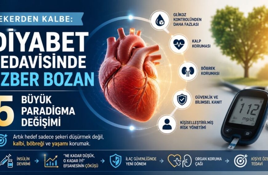 Diyabet tedavisindeki modern dönüşümü anlatan 16:9 oranlı medikal infografik kapak görseli. Görselin sol tarafında büyük puntolarla “Şekerden Kalbe: Diyabet Tedavisinde Ezber Bozan 5 Büyük Paradigma Değişimi” başlığı yer alıyor. Ortada anatomik insan kalbi illüstrasyonu bulunurken çevresinde glikoz kontrolü, kalp koruması, böbrek koruması, bilimsel güvenlik ve kişiselleştirilmiş risk yönetimini temsil eden modern medikal ikonlar bulunuyor. Sağ tarafta glukometre cihazı ve arka planda gün doğumu ışığıyla aydınlanan doğal bir manzara görülüyor. Alt bölümde insülin devriminden organ koruma çağına uzanan diyabet tedavisindeki dönüşümü özetleyen simgesel bir zaman çizgisi yer alıyor. Görsel mavi, beyaz ve altın tonlarında profesyonel sağlık temalı modern bir tasarıma sahip.