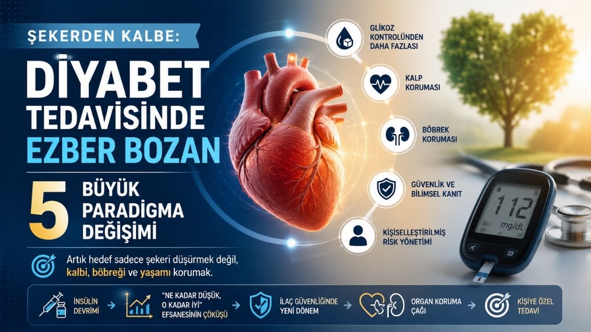 Diyabet tedavisindeki modern dönüşümü anlatan 16:9 oranlı medikal infografik kapak görseli. Görselin sol tarafında büyük puntolarla “Şekerden Kalbe: Diyabet Tedavisinde Ezber Bozan 5 Büyük Paradigma Değişimi” başlığı yer alıyor. Ortada anatomik insan kalbi illüstrasyonu bulunurken çevresinde glikoz kontrolü, kalp koruması, böbrek koruması, bilimsel güvenlik ve kişiselleştirilmiş risk yönetimini temsil eden modern medikal ikonlar bulunuyor. Sağ tarafta glukometre cihazı ve arka planda gün doğumu ışığıyla aydınlanan doğal bir manzara görülüyor. Alt bölümde insülin devriminden organ koruma çağına uzanan diyabet tedavisindeki dönüşümü özetleyen simgesel bir zaman çizgisi yer alıyor. Görsel mavi, beyaz ve altın tonlarında profesyonel sağlık temalı modern bir tasarıma sahip.