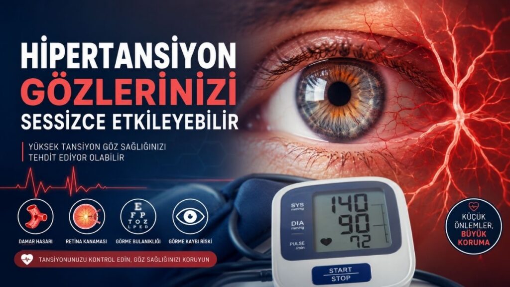 Yakın planda insan gözü ve retina damarlarının kırmızı ışık efektleriyle vurgulandığı tıbbi illüstrasyon. Ön planda dijital tansiyon ölçüm cihazı yer alıyor. Sol tarafta “Hipertansiyon Gözlerinizi Sessizce Etkileyebilir” başlığı bulunurken, retina kanaması, damar hasarı, görme bulanıklığı ve görme kaybı riskini simgeleyen ikonlar dikkat çekiyor. Görsel, yüksek tansiyonun göz sağlığı üzerindeki olası zararlarını anlatan modern ve profesyonel bir sağlık infografiği tarzında tasarlanmış.