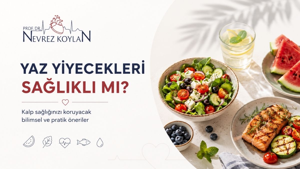 Minimalist tasarımlı blog kapak görselinde sol tarafta Prof. Dr. Nevrez Koylan logosu ve büyük puntolarla “Yaz Yiyecekleri Sağlıklı mı?” başlığı yer alıyor. Alt bölümde kalp sağlığını korumaya yönelik bilimsel ve pratik önerileri vurgulayan kısa açıklama bulunuyor. Sağ tarafta ise Akdeniz tipi beslenmeyi çağrıştıran taze salata, ızgara somon, limonlu su, yaban mersini ve karpuz dilimlerinden oluşan ferah bir yaz sofrası görülüyor. Açık tonlu arka plan, doğal ışık ve sade ikonlar görsele modern ve sağlıklı yaşam odaklı bir atmosfer kazandırıyor.