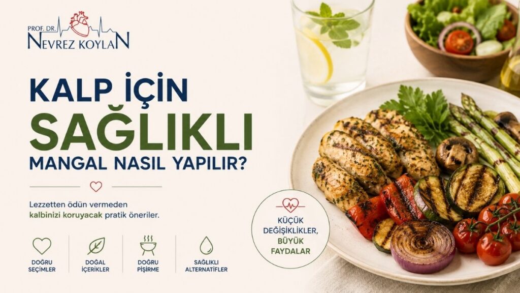 Minimalist tasarımlı 16:9 oranlı kapak görselinde üst bölümde Prof. Dr. Nevrez Koylan logosu yer alıyor. Büyük ve dikkat çekici puntolarla “Kalp İçin Sağlıklı Mangal Nasıl Yapılır?” başlığı bulunuyor. Görselde ızgara somon, tavuk, renkli sebze şişleri, közlenmiş sebzeler ve limonlu sudan oluşan kalp dostu bir yaz mangal sofrası modern ve ferah bir kompozisyon içinde sunuluyor. Arka planda hafif mangal dumanı ve sıcak yaz akşamı atmosferi hissedilirken küçük kalp ve beslenme ikonları tasarımı destekliyor. Açık krem tonlu arka plan, doğal gün ışığı ve sade tipografi görsele modern, premium ve sağlık odaklı bir görünüm kazandırıyor.