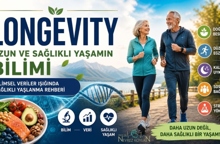 Doğa içinde yürüyüş yapan sağlıklı yaşlı çift, yanında DNA görseli ve Akdeniz tipi besinler ile longevity kavramını anlatan “Uzun ve Sağlıklı Yaşamın Bilimi” başlıklı kapak görseli; egzersiz, beslenme, uyku ve sosyal yaşam ikonları içerir.