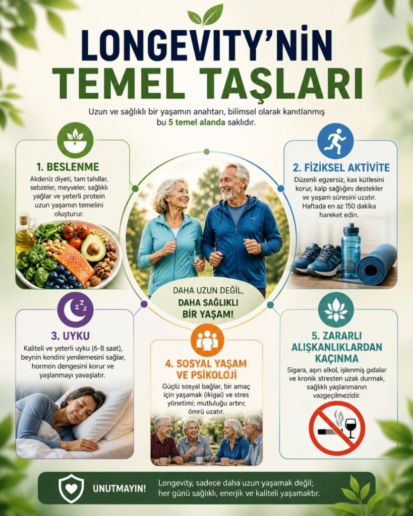 **Alt text (SEO uyumlu):**
“Longevity’nin Temel Taşları” başlıklı Türkçe infografik; ortada aktif ve sağlıklı yaşlı bir çift, çevresinde sağlıklı beslenme, düzenli egzersiz, kaliteli uyku, güçlü sosyal bağlar ve zararlı alışkanlıklardan kaçınmayı temsil eden ikonlar ve açıklamalarla uzun ve sağlıklı yaşamın temel bileşenlerini anlatan görsel.
