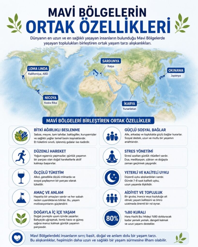 “Mavi Bölgelerin Ortak Özellikleri” başlıklı Türkçe infografik; bitki ağırlıklı beslenme, düzenli fiziksel aktivite, güçlü sosyal bağlar, stres yönetimi, kaliteli uyku ve ölçülü yaşam alışkanlıklarının uzun ve sağlıklı yaşamla ilişkisini ikonlarla anlatan görsel.