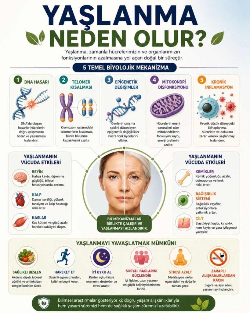 “Yaşlanma Neden Olur?” başlıklı Türkçe infografik; DNA hasarı, telomer kısalması, epigenetik değişimler, mitokondri disfonksiyonu ve kronik inflamasyon gibi temel biyolojik yaşlanma mekanizmalarını ve bunların beyin, kalp, kas, kemik ve bağışıklık sistemi üzerindeki etkilerini ikonlar ve şemalarla açıklayan görsel.