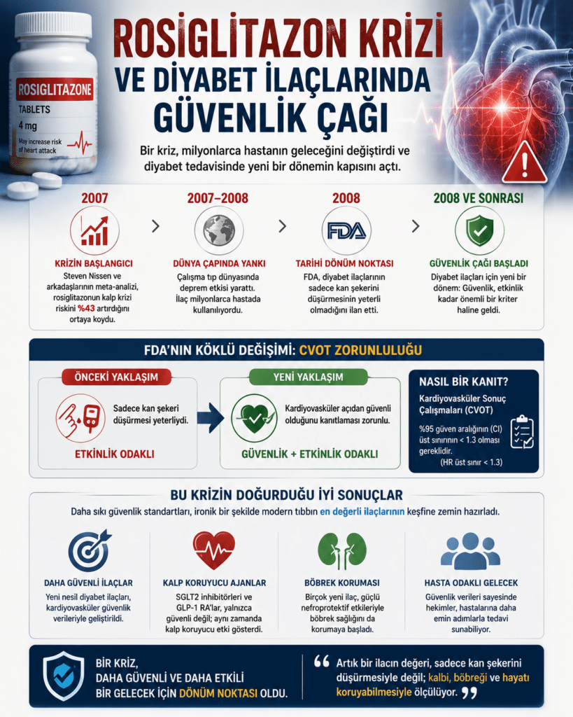 Rosiglitazon krizinin diyabet ilaçlarında güvenlik anlayışını nasıl değiştirdiğini anlatan 4:5 oranlı medikal infografik. Görselin üst bölümünde “Rosiglitazon Krizi ve Diyabet İlaçlarında Güvenlik Çağı” başlığı yer alırken solda rosiglitazon ilaç şişesi, sağda ise kırmızı uyarı işaretiyle vurgulanan anatomik kalp illüstrasyonu bulunuyor. Orta bölümde 2007–2008 yıllarındaki gelişmeleri gösteren zaman çizelgesi yer alıyor; Steven Nissen’in meta-analizi, FDA’nın müdahalesi ve kardiyovasküler güvenlik çağının başlaması kronolojik olarak anlatılıyor. Alt kısımda eski yaklaşımda yalnızca kan şekeri düşürmeye odaklanıldığı, yeni dönemde ise CVOT çalışmalarıyla kardiyovasküler güvenliğin zorunlu hale geldiği vurgulanıyor. Kalp koruyucu ilaçlar, böbrek koruması ve hasta güvenliği gibi kazanımları temsil eden ikonlar ve bilgi kutuları bulunuyor. Görsel modern infografik tarzında kırmızı, mavi ve yeşil tonlarla hazırlanmış olup diyabet tedavisinde güvenlik odaklı yeni dönemi simgeliyor.
