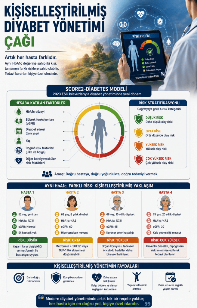 “Kişiselleştirilmiş Diyabet Yönetimi Çağı” temasını anlatan 4:5 oranlı modern medikal infografik. Görselin üst kısmında büyük puntolarla başlık yer alırken arka planda dijital sağlık verileri ve mavi-beyaz gradyan tasarım bulunuyor. Merkezde farklı yaş, cinsiyet ve risk profillerine sahip hasta figürleri ile onları çevreleyen veri panelleri yer alıyor. HbA1c düzeyi, böbrek fonksiyonları, kardiyovasküler risk, yaşam tarzı ve diyabet süresi gibi parametreleri temsil eden grafikler ve ikonlar kişiye özel tedavi yaklaşımını vurguluyor. Sol tarafta SCORE2-Diabetes risk değerlendirme sistemini anlatan bilgi kutuları; sağ tarafta ise bireyselleştirilmiş tedavi hedefleri, organ koruması ve multidisipliner yaklaşımı gösteren simgeler bulunuyor. Alt bölümde doktor, kardiyolog ve beslenme uzmanından oluşan sağlık ekibi ile dijital sağlık dashboard’u yer alıyor. Görsel modern tıbbi infografik tarzında mavi, turkuaz ve beyaz tonlarla hazırlanmış olup diyabet yönetiminde kişiye özel yaklaşımın önemini simgeliyor.
