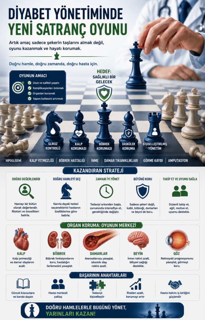 “Diyabet Yönetiminde Yeni Satranç Oyunu” temasını anlatan 4:5 oranlı modern medikal infografik. Görselin merkezinde satranç tahtası üzerinde yer alan anatomik kalp figürü bulunurken etrafında şah, kale ve piyon taşları diyabet yönetimindeki stratejik kararları simgeliyor. Üst bölümde büyük puntolarla başlık yer alıyor. Sol tarafta glukometre, HbA1c grafikleri ve ilaç ikonlarıyla klasik glukoz kontrolü yaklaşımı gösterilirken; sağ tarafta kalp, böbrek ve damar korumasını temsil eden modern tedavi ikonları bulunuyor. Alt bölümde multidisipliner sağlık ekibi — kardiyolog, endokrinolog ve nefrolog — birlikte çalışırken tasvir edilmiş. Satranç tahtası üzerindeki ilerleyen taşlar; organ koruması, risk yönetimi ve kişiselleştirilmiş tedavi stratejilerini anlatıyor. Arka planda dijital sağlık verileri, damar ağı görselleri ve modern tıbbi grafikler yer alıyor. Görsel mavi, beyaz ve yeşil tonlarda hazırlanmış profesyonel infografik tasarımıyla diyabet yönetiminin artık sadece kan şekeri değil, tüm yaşamı korumaya yönelik stratejik bir yaklaşım olduğunu vurguluyor.
