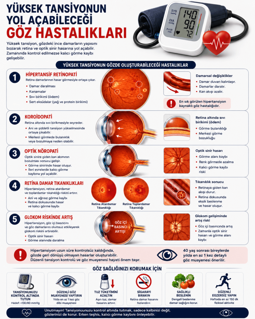 Hipertansiyonun neden olabileceği göz hastalıklarını anlatan detaylı tıbbi infografik. Görselde hipertansif retinopati, koroidopati, optik nöropati, retina damar tıkanıklıkları ve glokom riski başlıklar halinde açıklanıyor. Retina ve göz kesiti illüstrasyonlarında damar daralması, kanamalar, sıvı birikimi ve optik sinir hasarı kırmızı tonlarla vurgulanmış. Üst bölümde dijital tansiyon ölçüm cihazı ve kalp simgesi bulunurken, alt bölümde düzenli göz muayenesi, tansiyon kontrolü, tuz azaltma, sigarayı bırakma, sağlıklı beslenme ve egzersiz gibi koruyucu öneriler ikonlarla destekleniyor. Modern, profesyonel ve eğitici sağlık posteri tarzında hazırlanmış 4:5 oranlı bir görsel.
