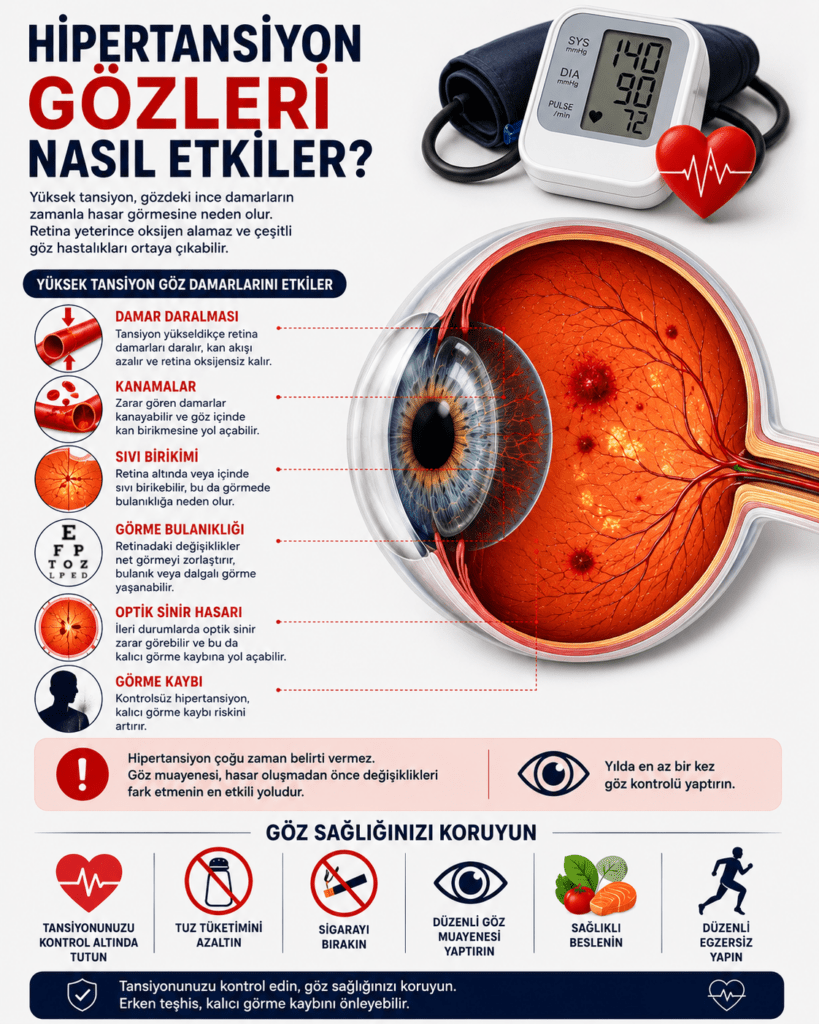 Hipertansiyonun göz sağlığı üzerindeki etkilerini anlatan detaylı tıbbi infografik. Görselde büyük bir göz kesiti ve retina damarları yakın planda gösteriliyor. Retina üzerinde damar daralması, kanama, sıvı birikimi, görme bulanıklığı, optik sinir hasarı ve görme kaybı riskini simgeleyen işaretler bulunuyor. Üst bölümde tansiyon ölçüm cihazı yer alırken, sol tarafta hipertansiyonun göz damarlarına verdiği zararlar açıklayıcı ikonlar ve metinlerle anlatılıyor. Alt bölümde tuz azaltma, sigarayı bırakma, düzenli göz muayenesi, sağlıklı beslenme ve egzersiz gibi koruyucu öneriler simgelerle vurgulanıyor. Modern, profesyonel ve sağlık eğitimi odaklı bir tasarım tarzına sahip.
