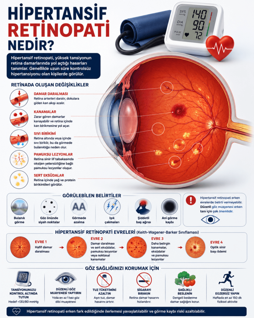 Hipertansif retinopatinin göz üzerindeki etkilerini anlatan tıbbi infografik. Görselde retina damarlarının yakın plan kesiti yer alıyor; daralmış damarlar, küçük kanamalar ve retina üzerinde oluşan hasarlar kırmızı tonlarla vurgulanıyor. Bir tarafta hipertansiyonun retina damarlarında oluşturduğu değişiklikler açıklayıcı ikonlar ve kısa bilgilerle gösteriliyor. Üst bölümde dijital tansiyon ölçüm cihazı bulunurken, alt bölümde düzenli göz muayenesi, tansiyon kontrolü, sağlıklı beslenme ve sigarayı bırakma gibi koruyucu öneriler simgelerle destekleniyor. Modern ve profesyonel sağlık infografiği tarzında hazırlanmış eğitici bir görsel.