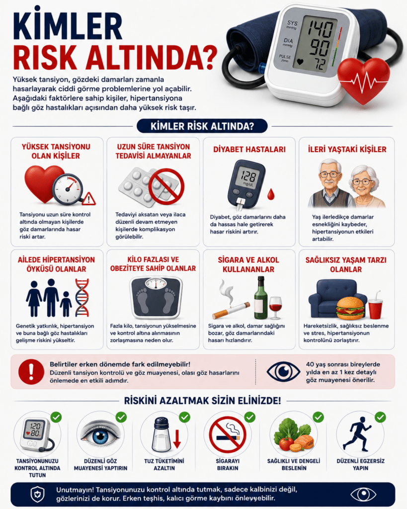 Hipertansiyona bağlı göz hastalıkları açısından risk altında olan kişileri anlatan detaylı tıbbi infografik. Görselde yüksek tansiyonu olanlar, diyabet hastaları, ileri yaş bireyler, obezite sorunu yaşayanlar, sigara ve alkol kullananlar ile sağlıksız yaşam tarzına sahip kişiler ikonlar ve kısa açıklamalarla gösteriliyor. Üst bölümde dijital tansiyon ölçüm cihazı ve kalp simgesi yer alırken, alt bölümde düzenli tansiyon kontrolü, göz muayenesi, tuz azaltma, sigarayı bırakma, sağlıklı beslenme ve egzersiz gibi koruyucu öneriler simgelerle vurgulanıyor. Modern, profesyonel ve eğitici sağlık posteri tarzında hazırlanmış 4:5 oranlı bir görsel.
