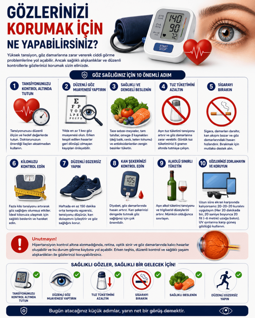 Hipertansiyona bağlı göz hasarından korunma yollarını anlatan modern tıbbi infografik. Görselde düzenli tansiyon kontrolü, göz muayenesi, tuz tüketimini azaltma, sigarayı bırakma, sağlıklı beslenme ve düzenli egzersiz gibi koruyucu öneriler renkli ikonlarla gösteriliyor. Üst bölümde göz sağlığını simgeleyen büyük bir göz illüstrasyonu ve dijital tansiyon ölçüm cihazı bulunuyor. Sağlıklı yaşam alışkanlıklarının retina damarlarını koruyabileceği vurgulanırken, profesyonel sağlık posteri tarzında temiz ve anlaşılır bir tasarım kullanılmış.
