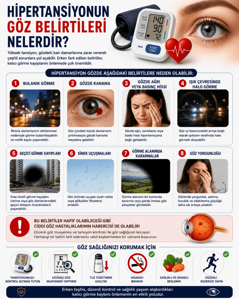 Hipertansiyonun göz belirtilerini anlatan detaylı tıbbi infografik. Görselde bulanık görme, gözde kanama, göz ağrısı, ışık çevresinde halo görme, geçici görme kaybı, sinek uçuşmaları, görme alanında kararmalar ve göz yorgunluğu gibi belirtiler fotoğraf ve ikonlarla açıklanıyor. Üst bölümde dijital tansiyon ölçüm cihazı, kalp simgesi ve yakın plan göz görseli bulunuyor. Alt bölümde düzenli tansiyon kontrolü, göz muayenesi, tuz azaltma, sigarayı bırakma, sağlıklı beslenme ve egzersiz gibi koruyucu öneriler ikonlarla vurgulanıyor. Modern, profesyonel ve eğitici sağlık posteri tarzında hazırlanmış 4:5 oranlı bir görsel.
