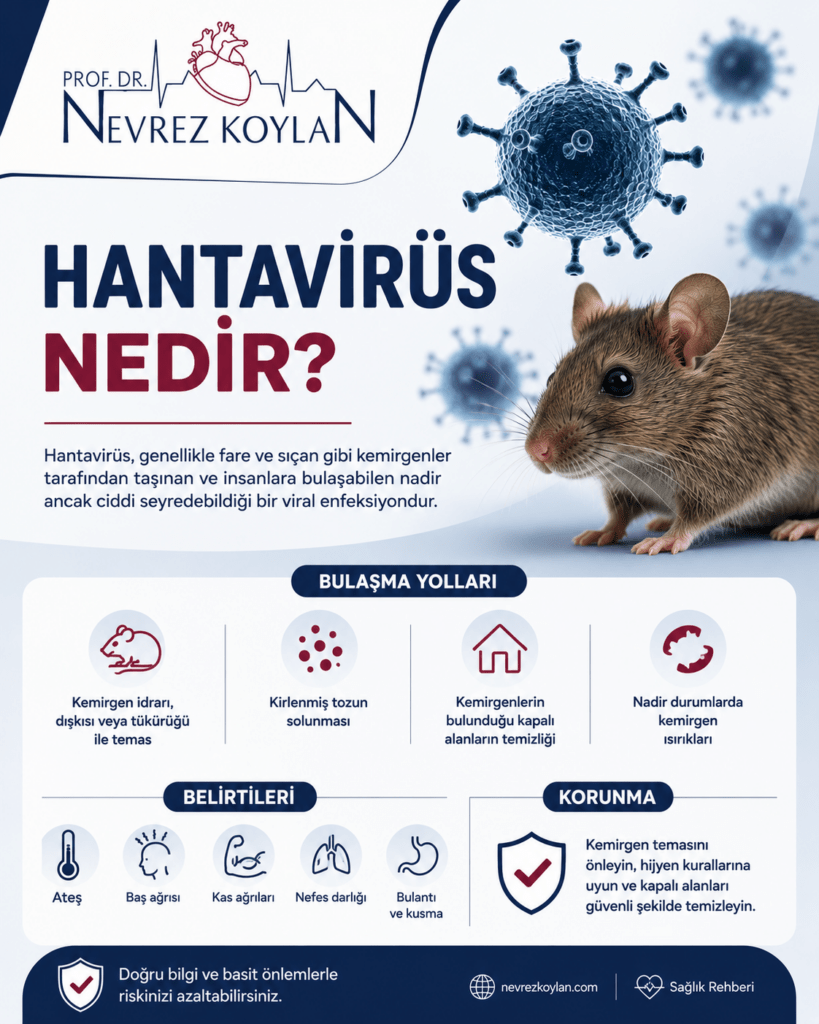 “Hantavirüs Nedir?” başlıklı 4:5 oranlı tıbbi bilgilendirme görseli. Üst bölümde Prof. Dr. Nevrez Koylan logosu yer alıyor. Sol tarafta büyük ve koyu mavi-bordo yazılarla “Hantavirüs Nedir?” başlığı bulunurken, sağ tarafta gerçekçi bir fare görseli ve etrafında mavi tonlarda virüs partikülleri görülüyor. Görselde hantavirüsün kemirgenler aracılığıyla bulaşabilen ciddi bir viral enfeksiyon olduğu açıklanıyor. Alt bölümlerde minimalist ikonlarla bulaşma yolları, belirtiler ve korunma yöntemleri anlatılıyor. Ateş, baş ağrısı, kas ağrısı, nefes darlığı ve bulantı gibi belirtiler simgelerle desteklenmiş. En alt bölümde “Doğru bilgi ve basit önlemlerle riskinizi azaltabilirsiniz” mesajı ve nevrezkoylan.com adresi yer alıyor. Tasarımda beyaz, koyu mavi ve bordo tonları kullanılarak modern ve güven veren bir sağlık rehberi görünümü oluşturulmuş.
