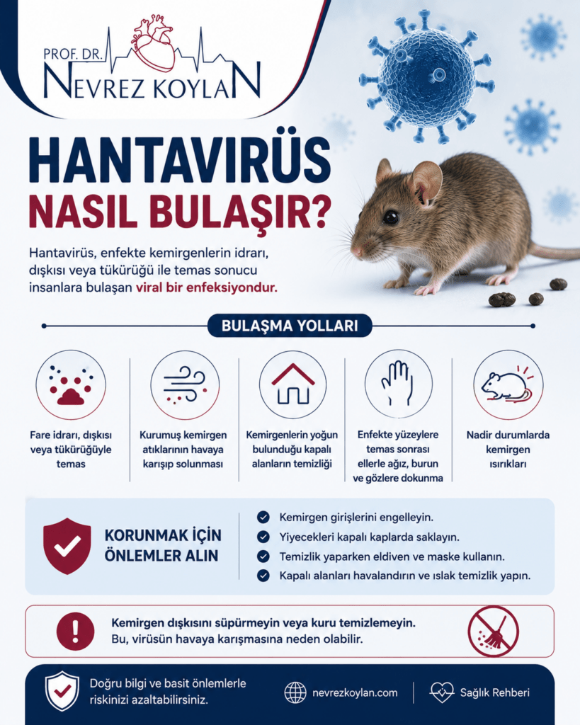 “Hantavirüs Nasıl Bulaşır?” başlıklı 4:5 oranlı tıbbi bilgilendirme görseli. Üst bölümde Prof. Dr. Nevrez Koylan logosu bulunuyor. Görselin sağ tarafında gerçekçi bir fare görseli ve etrafında mavi tonlarda virüs partikülleri yer alıyor. Sol tarafta büyük koyu mavi ve bordo yazılarla “Hantavirüs Nasıl Bulaşır?” başlığı dikkat çekiyor. Alt bölümde minimalist ikonlarla hantavirüsün bulaşma yolları anlatılıyor: fare idrarı, dışkısı veya tükürüğüyle temas, kurumuş kemirgen atıklarının havaya karışıp solunması, kemirgen bulunan kapalı alanların temizliği, enfekte yüzeylere temas sonrası ağız-burun-göz teması ve nadir durumlarda kemirgen ısırıkları. Görselde ayrıca korunma önerileri yer alıyor; kemirgen girişlerini engellemek, yiyecekleri kapalı saklamak, temizlik sırasında eldiven ve maske kullanmak ve alanları havalandırmak öneriliyor. Alt kısımda “Kemirgen dışkısını süpürmeyin veya kuru temizlemeyin” uyarısı bulunuyor. Tasarımda beyaz, lacivert ve bordo tonları kullanılarak modern ve güven veren bir sağlık rehberi görünümü oluşturulmuş.

