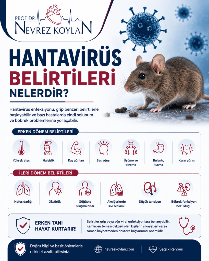 “Hantavirüs Belirtileri Nelerdir?” başlıklı 4:5 oranlı tıbbi bilgilendirme görseli. Üst bölümde Prof. Dr. Nevrez Koylan logosu yer alıyor. Sağ tarafta gerçekçi bir fare görseli ve mavi tonlarda virüs partikülleri bulunuyor. Sol tarafta büyük koyu mavi ve bordo yazılarla “Hantavirüs Belirtileri Nelerdir?” başlığı dikkat çekiyor. Görselde hantavirüs enfeksiyonunun grip benzeri belirtilerle başlayabileceği ve ciddi solunum ile böbrek problemlerine yol açabileceği belirtiliyor. Alt bölümde minimalist ikonlarla erken dönem belirtileri gösteriliyor: yüksek ateş, halsizlik, kas ağrıları, baş ağrısı, üşüme-titreme, bulantı-kusma ve karın ağrısı. Bir diğer bölümde ileri dönem belirtileri yer alıyor: nefes darlığı, öksürük, göğüste sıkışma hissi, akciğerlerde sıvı birikimi, düşük tansiyon ve böbrek fonksiyon bozukluğu. Görselin alt kısmında “Erken tanı hayat kurtarır” mesajı bulunuyor ve belirtilerin grip benzeri enfeksiyonlarla karışabileceği vurgulanıyor. En altta nevrezkoylan.com adresi ve “Doğru bilgi ve basit önlemlerle riskinizi azaltabilirsiniz” mesajı yer alıyor. Tasarımda beyaz, lacivert ve bordo tonları kullanılarak modern ve güven veren bir sağlık rehberi görünümü oluşturulmuş.
