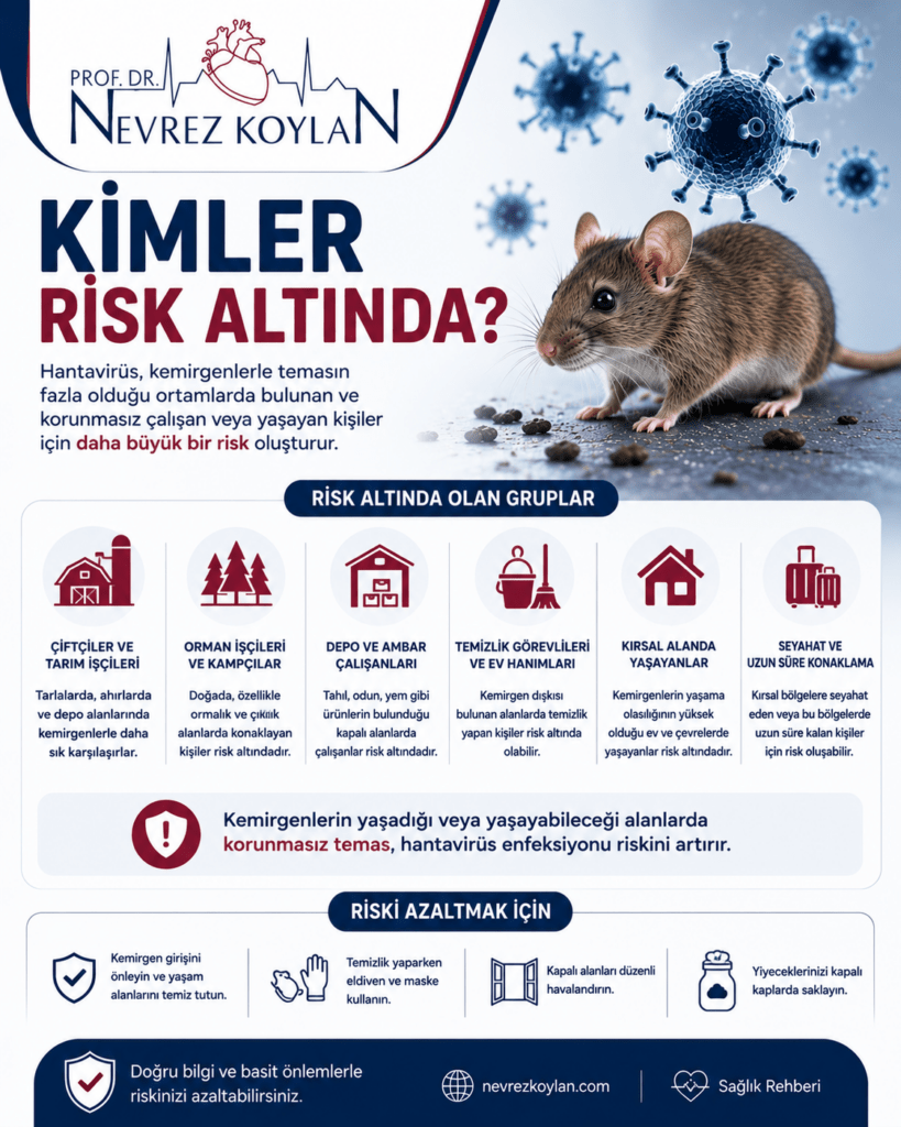 “Kimler Risk Altında?” başlıklı 4:5 oranlı tıbbi bilgilendirme görseli. Üst bölümde Prof. Dr. Nevrez Koylan logosu bulunuyor. Sağ tarafta gerçekçi bir fare görseli ve etrafında mavi tonlarda virüs partikülleri yer alıyor. Sol tarafta büyük koyu mavi ve bordo yazılarla “Kimler Risk Altında?” başlığı dikkat çekiyor. Görselde hantavirüsün kemirgenlerle temasın yoğun olduğu ortamlarda yaşayan veya çalışan kişiler için daha büyük risk oluşturduğu belirtiliyor. Alt bölümde ikonlarla risk altındaki gruplar gösteriliyor: çiftçiler ve tarım işçileri, orman işçileri ve kampçılar, depo ve ambar çalışanları, temizlik görevlileri ve ev hanımları, kırsal alanda yaşayanlar ile kırsal bölgelere seyahat eden kişiler. Görselde ayrıca “Kemirgenlerin yaşadığı alanlarda korunmasız temas hantavirüs riskini artırır” uyarısı yer alıyor. En alt bölümde riski azaltmak için öneriler bulunuyor: kemirgen girişlerini önlemek, eldiven ve maske kullanmak, kapalı alanları havalandırmak ve yiyecekleri kapalı kaplarda saklamak. Alt kısımda nevrezkoylan.com adresi ve “Doğru bilgi ve basit önlemlerle riskinizi azaltabilirsiniz” mesajı yer alıyor. Tasarımda beyaz, lacivert ve bordo tonları kullanılarak modern ve güven veren bir sağlık rehberi görünümü oluşturulmuş.
