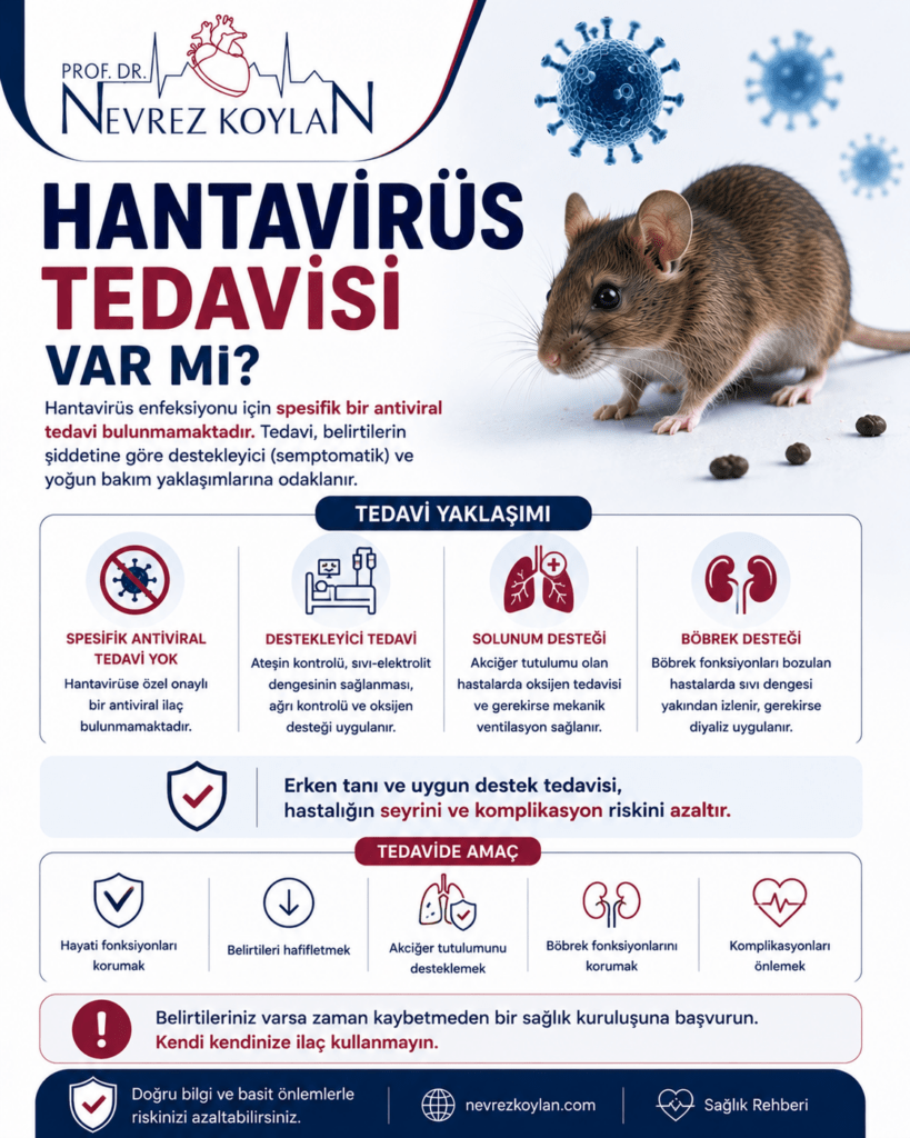 “Hantavirüs Tedavisi Var mı?” başlıklı 4:5 oranlı tıbbi bilgilendirme görseli. Üst bölümde Prof. Dr. Nevrez Koylan logosu bulunuyor. Görselde mavi tonlarda virüs partikülleri ve gerçekçi bir fare illüstrasyonu yer alıyor. Büyük koyu mavi ve bordo yazılarla “Hantavirüs Tedavisi Var mı?” başlığı dikkat çekiyor. Görselde hantavirüse karşı kesin etkili özel bir antiviral tedavi veya yaygın kullanılan bir aşının bulunmadığı belirtiliyor. Orta bölümde destekleyici tedavi yöntemleri ikonlarla anlatılıyor: oksijen tedavisi, solunum cihazı desteği, sıvı dengesi takibi, yoğun bakım desteği ve böbrek fonksiyonlarının izlenmesi. Ayrıca erken tanının ve hızlı hastane başvurusunun hayat kurtarıcı olabileceği vurgulanıyor. Alt bölümde “Erken tanı ve uygun destek tedavisi komplikasyon riskini azaltabilir” mesajı yer alıyor. Görselin en altında nevrezkoylan.com adresi ve “Doğru bilgi ve basit önlemlerle riskinizi azaltabilirsiniz” mesajı bulunuyor. Tasarımda beyaz, lacivert ve bordo tonları kullanılarak sade, modern ve güven veren bir sağlık rehberi görünümü oluşturulmuş.
