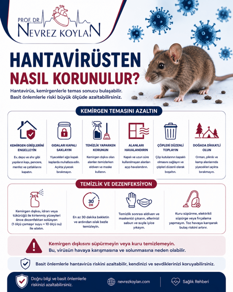 “Hantavirüsten Nasıl Korunulur?” başlıklı 4:5 oranlı tıbbi bilgilendirme görseli. Üst bölümde Prof. Dr. Nevrez Koylan logosu bulunuyor. Görselde mavi tonlarda virüs partikülleri ve gerçekçi bir fare illüstrasyonu yer alıyor. Büyük koyu mavi ve bordo yazılarla “Hantavirüsten Nasıl Korunulur?” başlığı dikkat çekiyor. Orta bölümde minimalist ikonlarla korunma yöntemleri anlatılıyor: fare giriş noktalarını kapatmak, yiyecekleri kapalı kaplarda saklamak, kapalı alanları havalandırmak, temizlik sırasında eldiven ve maske kullanmak ve kemirgen dışkısını kuru süpürmeyip dezenfektanla temizlemek. Görselde ayrıca depo, bodrum ve uzun süre kapalı kalan alanlarda dikkatli olunması gerektiği vurgulanıyor. Alt bölümde “Basit hijyen önlemleri hantavirüs riskini azaltabilir” mesajı yer alıyor. En altta nevrezkoylan.com adresi ve “Doğru bilgi ve basit önlemlerle riskinizi azaltabilirsiniz” mesajı bulunuyor. Tasarımda beyaz, lacivert ve bordo tonları kullanılarak sade, modern ve güven veren bir sağlık rehberi görünümü oluşturulmuş.
