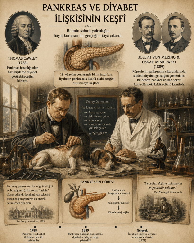 “Pankreas ve diyabet ilişkisinin keşfini anlatan vintage tarzda bilimsel infografik. Görselde Thomas Cawley, Joseph von Mering ve Oskar Minkowski’nin portreleri, pankreas anatomisi çizimleri ve 1889 yılında pankreası çıkarılan köpekler üzerinde yapılan deneylerin tasviri yer alıyor. Tarihi laboratuvar ortamı, cerrahi aletler ve deney notları diyabet araştırmalarının erken dönem bilimsel çalışmalarını yansıtıyor.”