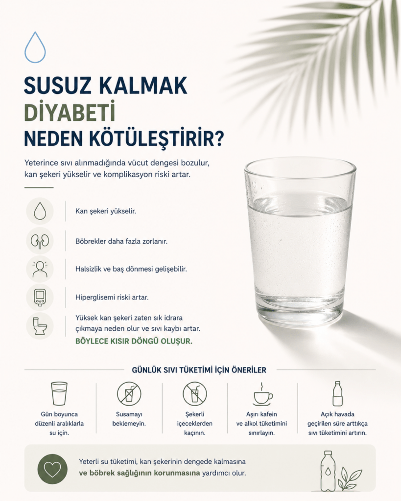 Minimalist sağlık temalı infografik. Açık krem arka plan üzerinde “Susuz Kalmak Diyabeti Neden Kötüleştirir?” başlığı yer alıyor. Sağ tarafta büyük bir su bardağı bulunurken sol tarafta sıvı kaybının diyabet üzerindeki etkilerini anlatan sade ikonlar ve kısa bilgilendirici maddeler yer alıyor. Palmiye gölgesi detayları yaz mevsimini çağrıştırıyor. Görsel; yeterli su tüketimi, kan şekeri dengesi ve böbrek sağlığı arasındaki ilişkiyi modern ve temiz bir tasarımla vurguluyor.