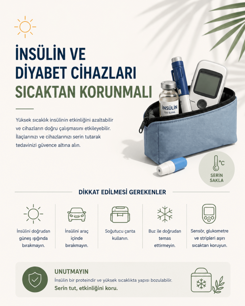 Minimalist sağlık infografiğinde açık krem arka plan üzerinde “İnsülin ve Diyabet Cihazları Sıcaktan Korunmalı” başlığı yer alıyor. Sağ tarafta insülin kalemi, glukometre ve insülin şişesinin bulunduğu mavi soğutucu çanta görülüyor. Alt bölümde güneş, araç, soğutucu çanta ve termometre ikonlarıyla insülinin sıcaktan korunmasına yönelik öneriler sade şekilde anlatılıyor. Yaz temalı palmiye gölgeleri ve modern tasarım detayları, sıcak havalarda diyabet cihazlarının güvenli saklanmasının önemini vurguluyor.
