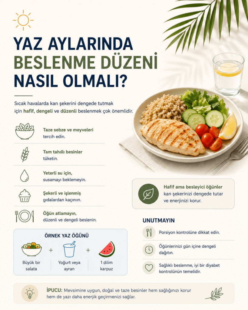Minimalist sağlık infografiğinde açık krem arka plan üzerinde “Yaz Aylarında Beslenme Düzeni Nasıl Olmalı?” başlığı yer alıyor. Sağ tarafta ızgara tavuk, bulgur pilavı, salata, domates ve limon dilimi içeren sağlıklı bir yaz öğünü tabağı ile limonlu su bardağı bulunuyor. Sol bölümde taze sebze ve meyve tüketimi, tam tahıllar, yeterli su içme ve şekerli gıdalardan kaçınma gibi öneriler sade ikonlarla anlatılıyor. Alt bölümde örnek yaz öğünü ve porsiyon kontrolü vurgulanırken genel tasarım yaz mevsimine uygun ferah, modern ve dengeli beslenme temasını yansıtıyor.