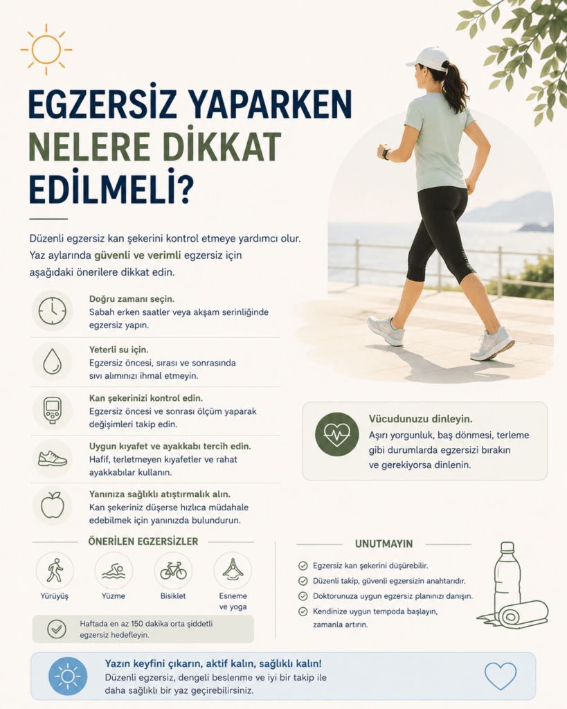 Minimalist sağlık infografiğinde açık krem arka plan üzerinde “Egzersiz Yaparken Nelere Dikkat Edilmeli?” başlığı yer alıyor. Sağ tarafta deniz manzarası eşliğinde yürüyüş yapan spor kıyafetli bir kadın görülüyor. Sol bölümde egzersiz için uygun saat seçimi, yeterli su tüketimi, kan şekeri kontrolü, uygun kıyafet seçimi ve sağlıklı atıştırmalık taşıma gibi öneriler sade ikonlarla anlatılıyor. Alt bölümde yürüyüş, yüzme, bisiklet ve yoga gibi önerilen aktiviteler yer alırken genel tasarım yaz aylarında güvenli egzersiz ve diyabet yönetimini modern, ferah ve minimalist bir tarzda vurguluyor.