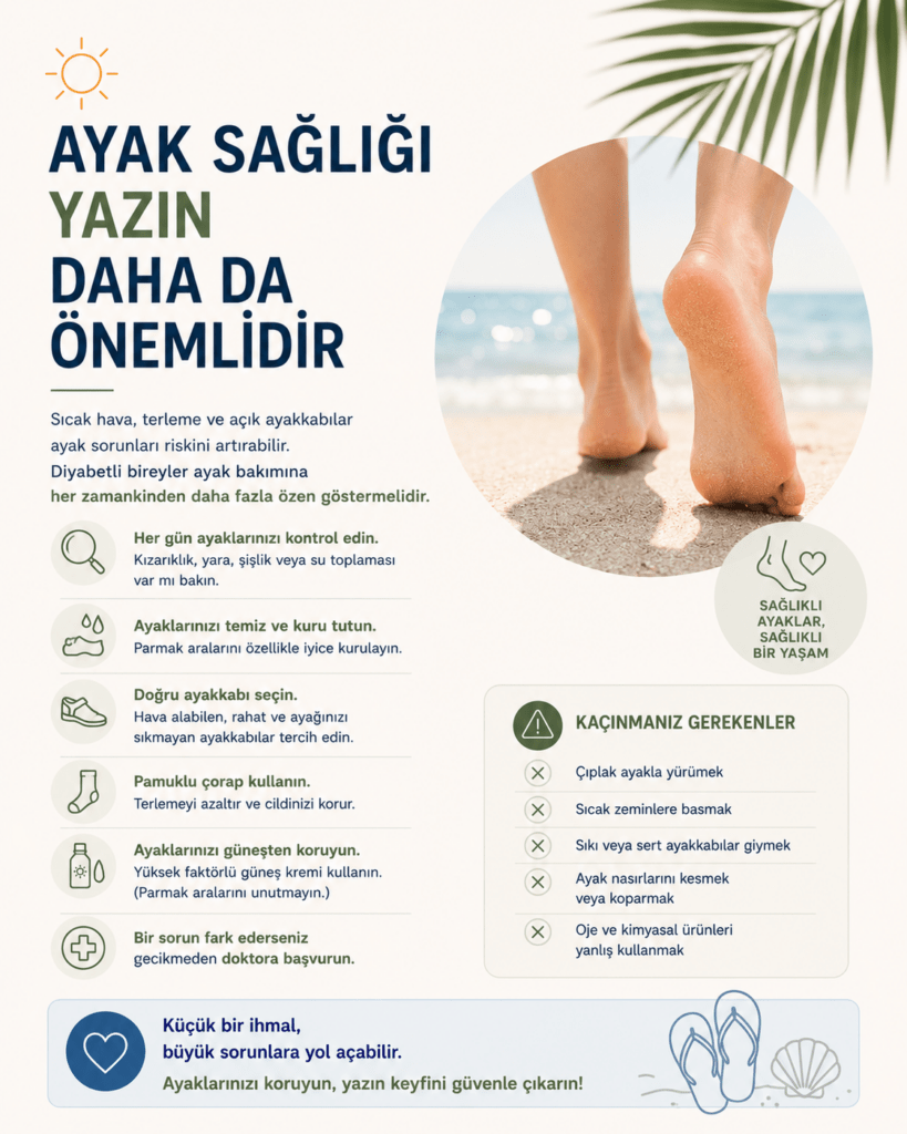 Minimalist sağlık infografiğinde açık krem tonlarında bir arka plan üzerinde “Ayak Sağlığı Yazın Daha da Önemlidir” başlığı yer alıyor. Görselde yazlık sandalet giyen bir kişinin ayakları, plaj ve yaz atmosferini çağrıştıran sade detaylarla birlikte gösteriliyor. Alt bölümde çıplak ayak yürümemek, ayakları kuru tutmak, günlük ayak kontrolü yapmak ve küçük yaraları ihmal etmemek gibi öneriler minimalist ikonlarla anlatılıyor. Modern ve ferah tasarım, yaz aylarında diyabet hastalarında ayak bakımının önemini vurguluyor.